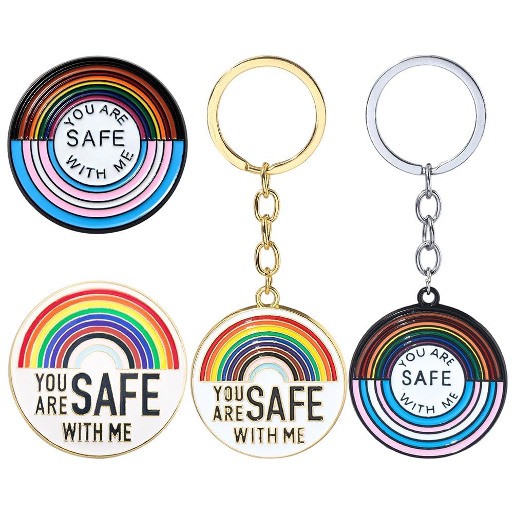 Casiler 4 Pcs Rainbow Pride Lapel Pin Keychain Set, Badge Keychain for Hat Backpack Scarf Daily Decor Accessory