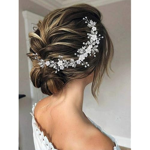 GORAIS Flower Bride Wedding Headband Silver Crystal Bridal Hair Accessories Pearl Leaf Hair Piece Hair Vine for Women and Girls (A-Silver)
