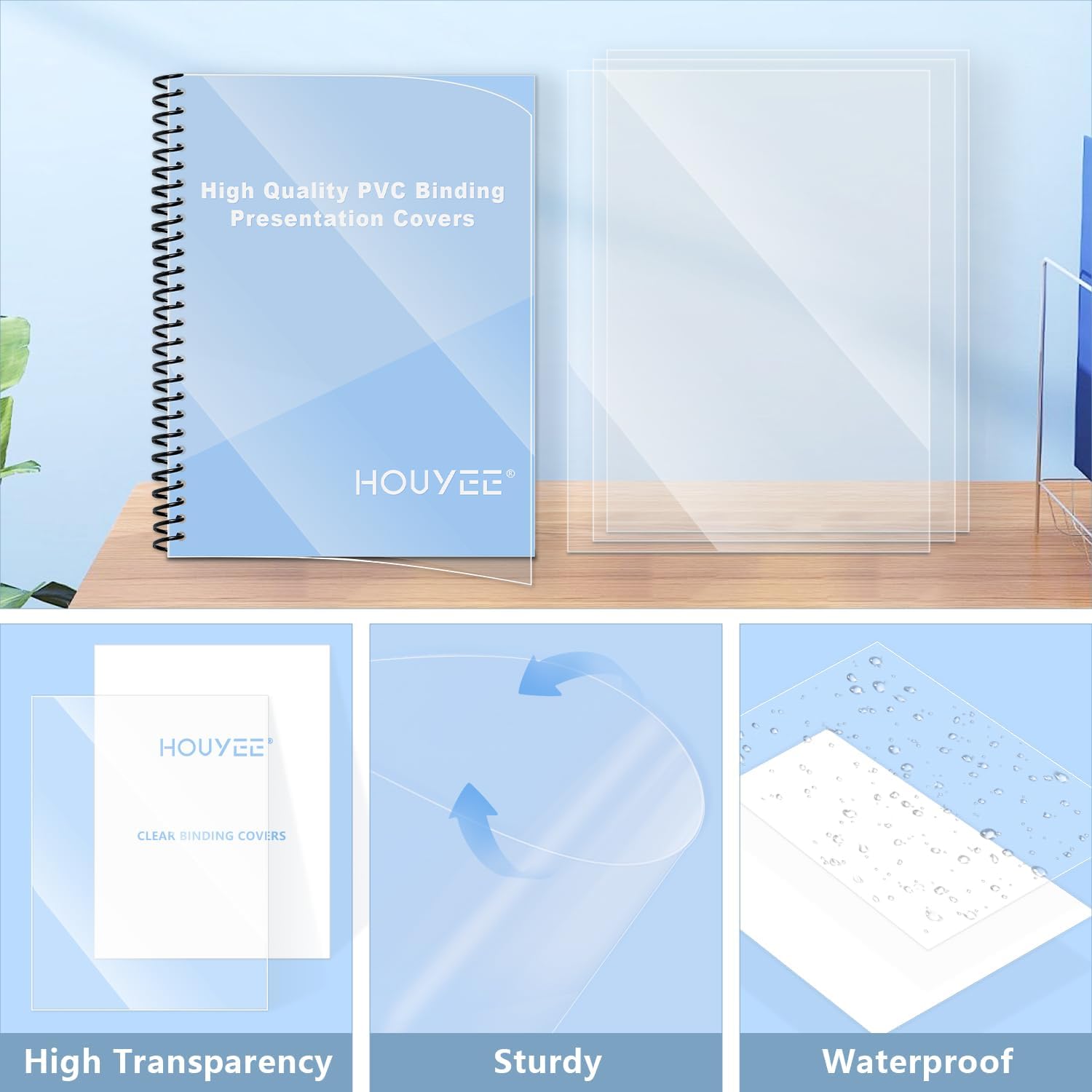 HOUYEE 200 Pack 8 Mil PVC Binding Presentation Covers, Clear Report Cover Sheets for Binding, Square Corner, 8.5 x11 Inches, Letter Size