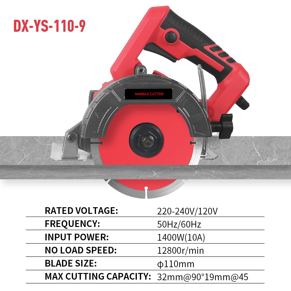 Hancaner Sierra de piedra seca, 1400 W, incl. Ø 110 mm, disco de corte muy resistente, corte de fase de 12800 rev/min y 0-45 grados de mármol, azulejos, cerámica, madera, PVC