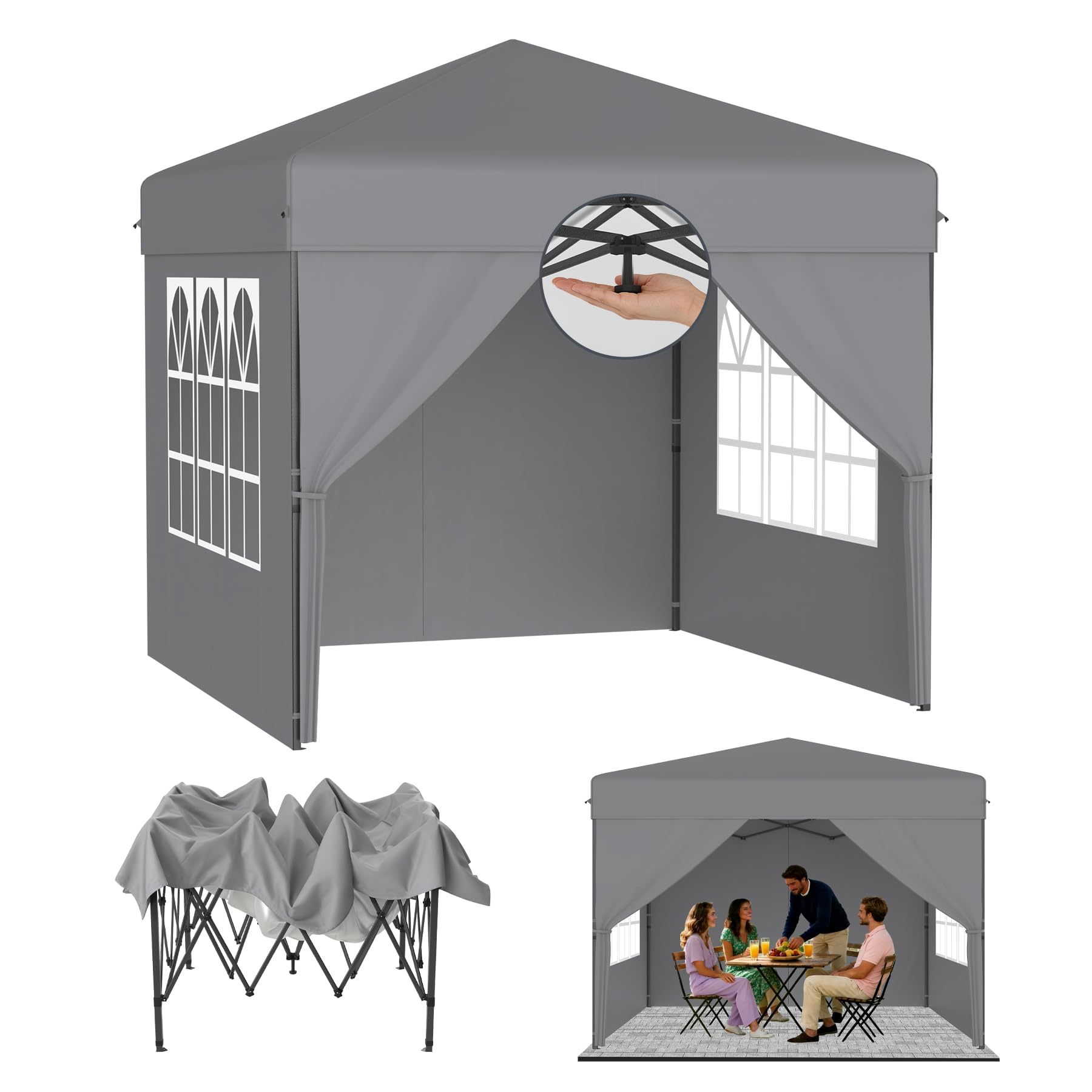 ACXIN Pavillon 2.5x2.5m Pop Up Zelt, Faltpavillon mit 3-stufiger Höhenverstellung, Partyzelt mit Silber-Oxford Dach, Gartenpavillon mit Seile Heringe & Tragetasche(Grau, mit Seitenwänden)