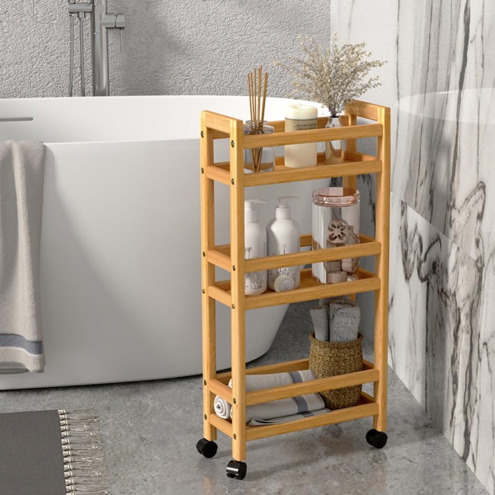 ZOLTA Bambus Rollregal schmal mit 3 Ablagen auf Rollen 74,5×36×15 cm stabil mobil für Bad Küche Vorratsraum Büro Kinderzimmer Garage Organizer Regalwagen mit Bremse natürlich pflegeleicht