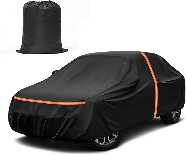 Couverture de voiture universelle tout temps imperméable avec fermeture à glissière latérale 420D-PU pour Sedan 189" à 198" Longueur,UV Couverture de protection contre la pluie solaire