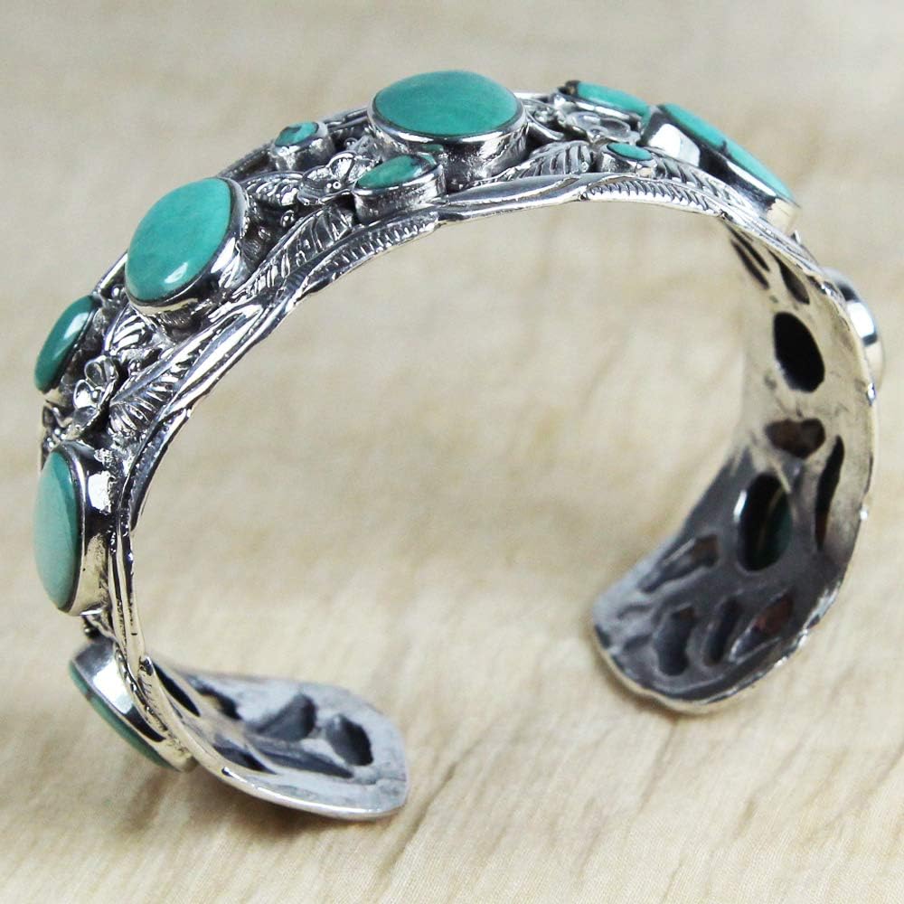 VY JEWELRY LEAVES CUFF - Handmade 925 Sterling Silver Wide Bracelet with Genuine Blue Opal or Turquoise Stones