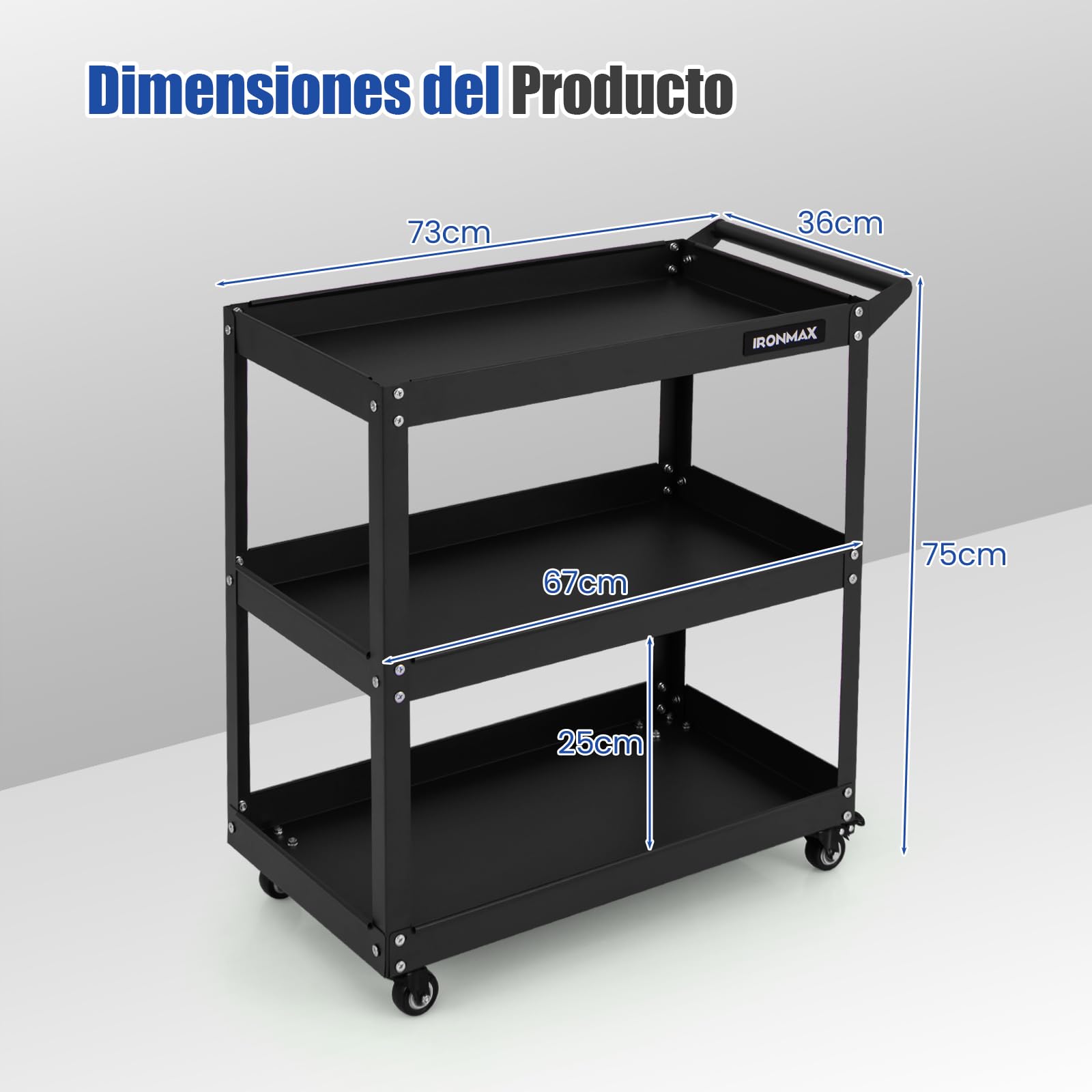 GYMAX Carro de Herramientas con 3 Niveles, Carro de Taller con Estantes de Almacenamiento, Asa y 4 Ruedas, 2 Bloqueables, Carga 120 kg, Carrinho Ferrramentas para Garaje Mecánico Hogar (Negro)