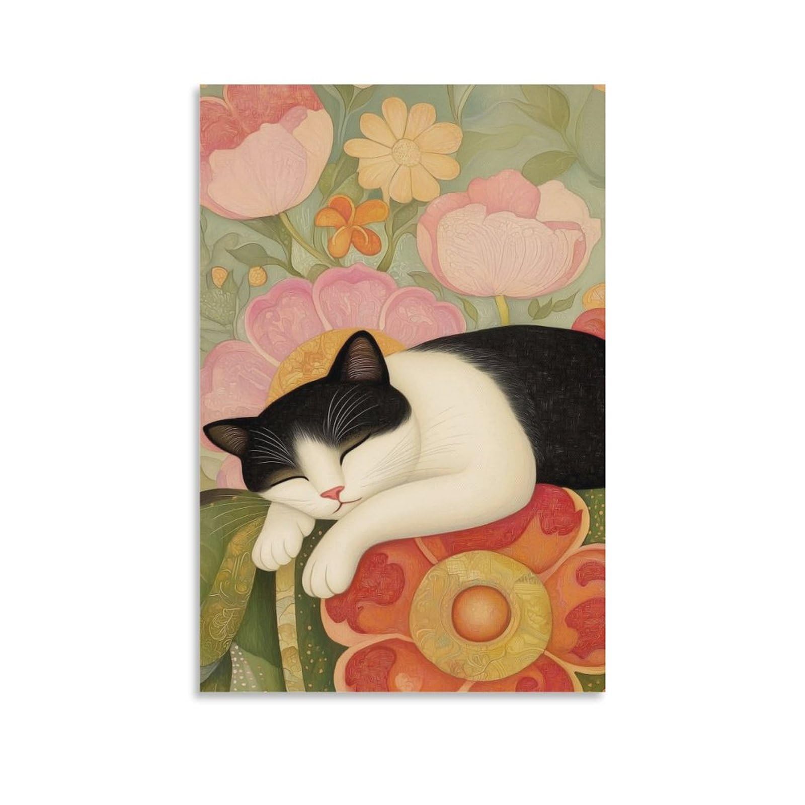 SXDMOUBK A Black And White Cat Is Fast Asleep Among Blooming Flowers. Poster Decorative Painting Canvas Wall Posters Art Picture Print Modern Family Bedroom Decor 20x30inch(50x75cm)