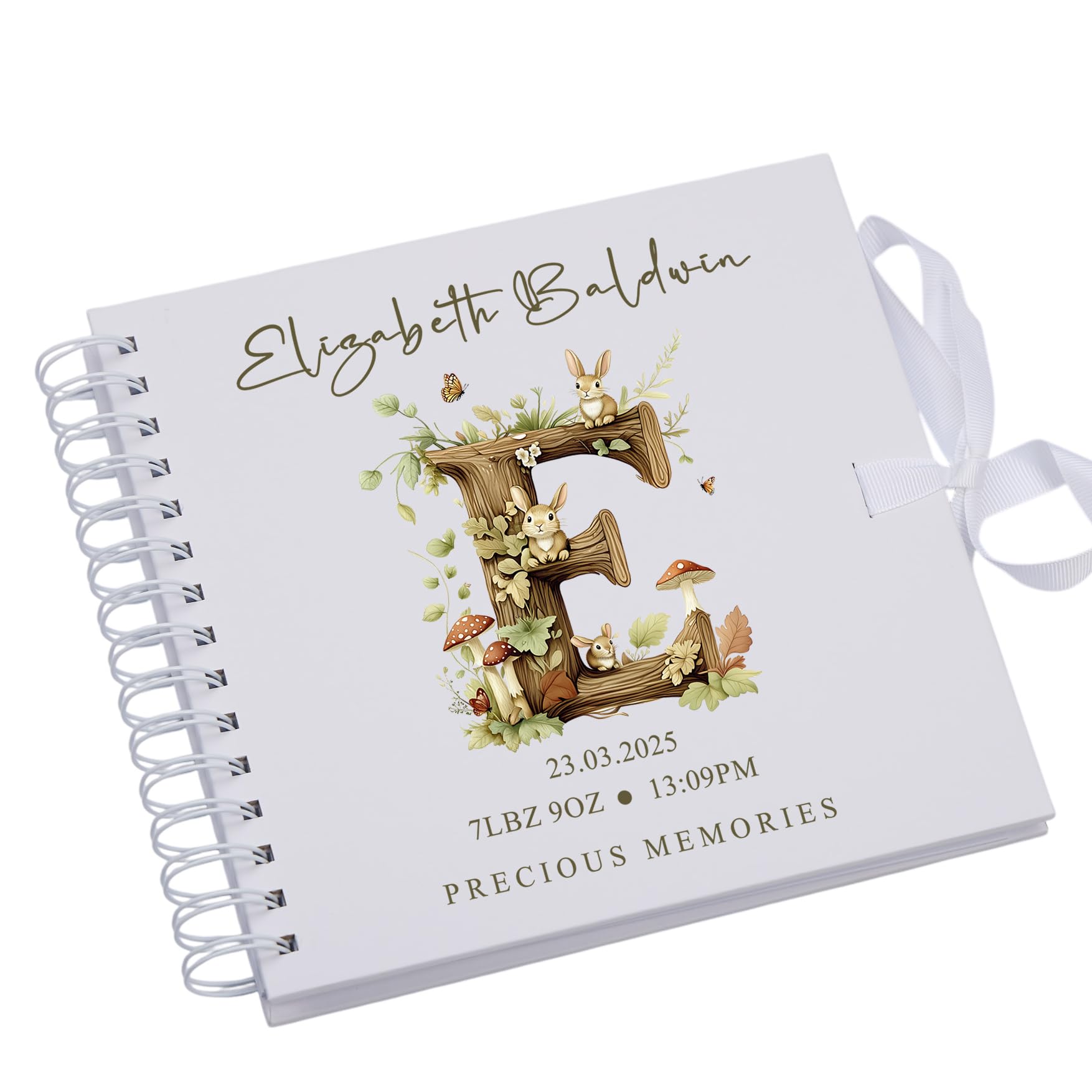 Personalised Baby Woodland Alphabet Scrapbook, Memory Book with Birth Details, Kraft Design, Keepsake Album for Photos and Memorabilia