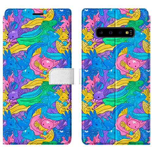 Wallet Phone Case Compatible With Samsung Note 20 Ultra S21 5G S20 Fe A71 A52 A02 Protective Blue Card Holder Axolotls Lightweight Pu Leather Cover Sea Slim Fish Folio Cute Salamander Flip Magnetic #TOP21