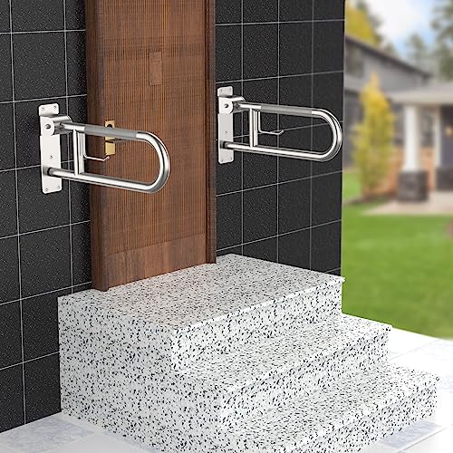 Image of Toilet Grab Bar 24 Inch, Munzong Anti-Slip Handicap Grab Bars with Paper Holder, Flip-Up Bathroom Toilet Safety Rails, Stainless Steel Knurled Support handrails for Seniors Elderly Disabled Pregnant