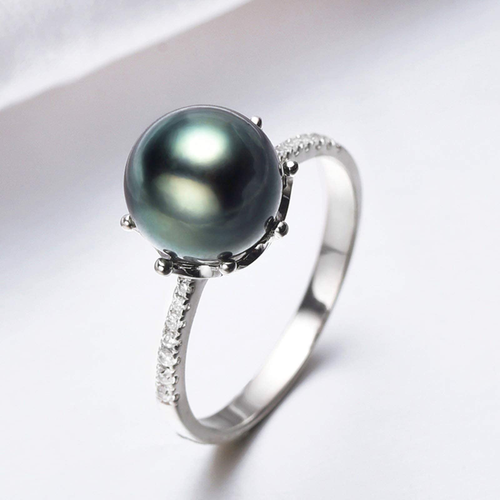 Perlenring aus 925er Sterlingsilber, 8–9 mm, schwarzer Perlenring für Damen, größenverstellbar