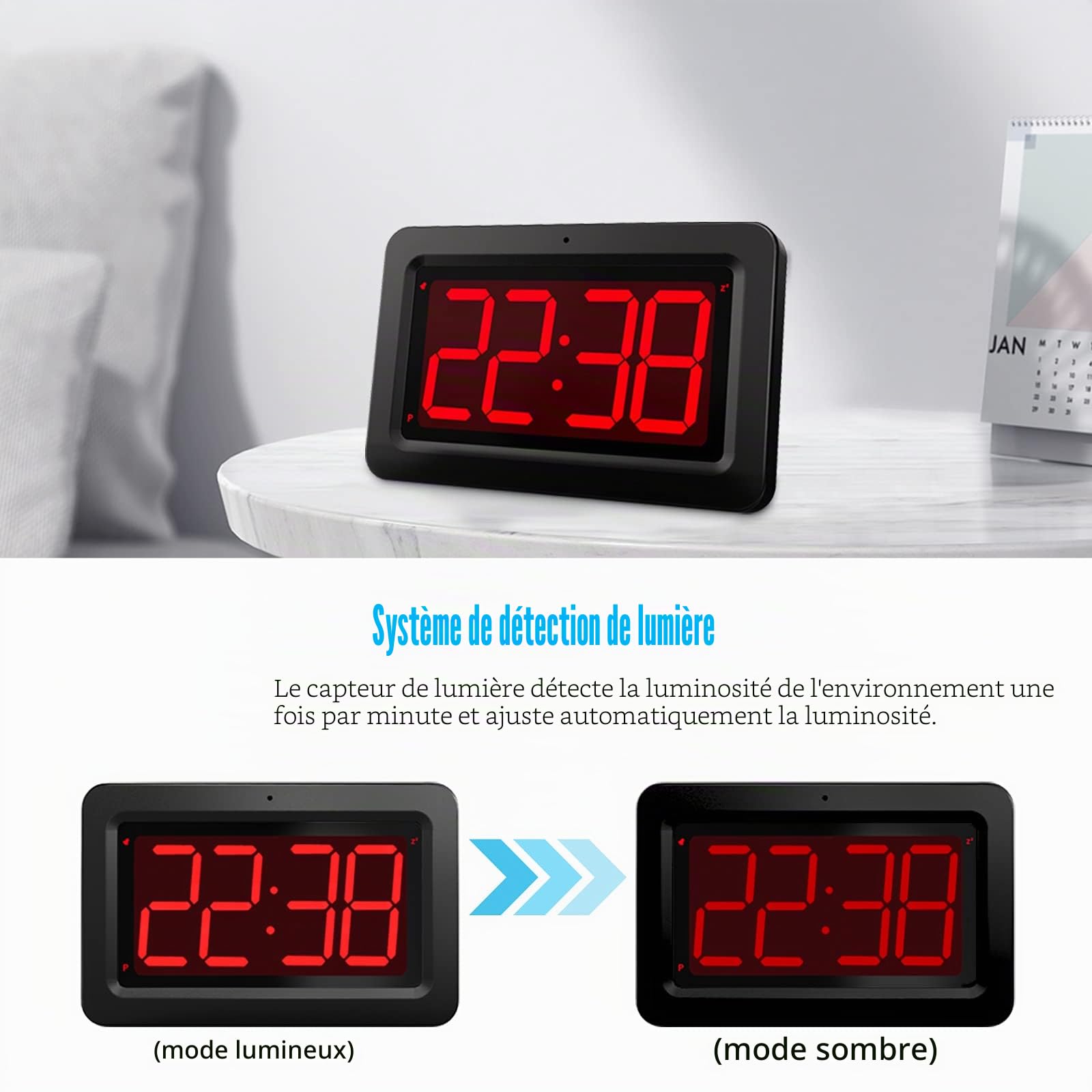 Horloge Murale LED Affichage Numérique Rouge 21,5 x 14 x 4,5 cm Alimentée par Batterie ou Adaptateur Réveil Lumineux