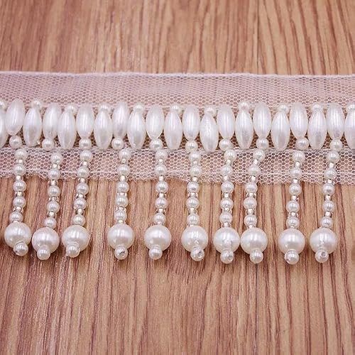 BHYTAF Fringe Trim,1Yards Black White Silk Tassel Fringe Trim Pearl Tassle Beaded Lace Beaded Fringe Ribbon Clothing Curtain Pearl Pendant Tassels(Sg 118 a)