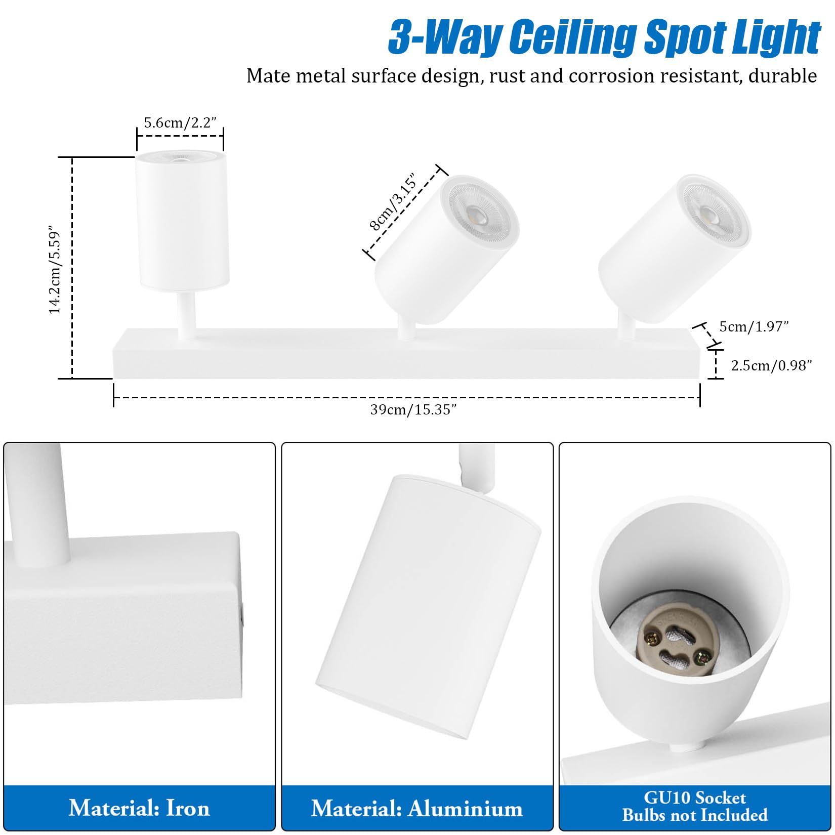 Klighten Faretti da Soffitto Orientabili Bianco, con 3 Attacco GU10, Plafoniera 3 Luci Interno, Plafoniera Faretti per Cucina, Soggiorno, Camera da Letto, Max 50W x 3, Lampadina Non Inclusa