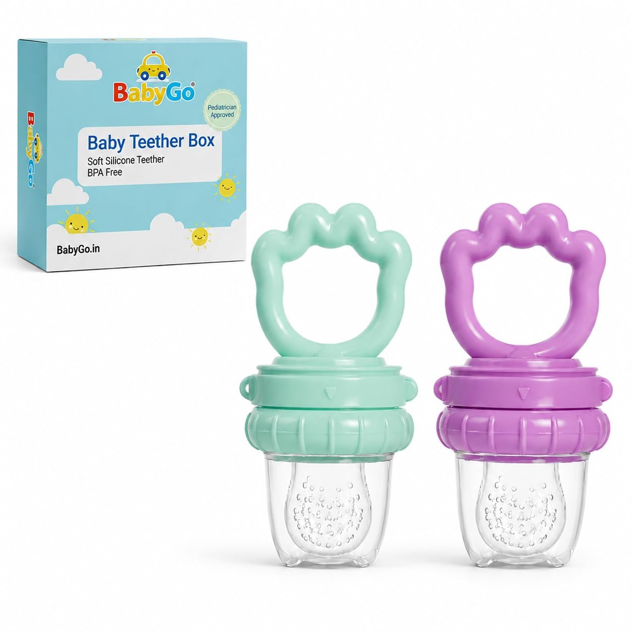 BabyGo Organic Baby's BPA-Free Silicone Nipple Food Nibbler for Fruits with Rattle Handle Pack of 1 (Multicolour, 6-12 Months)-picture-26