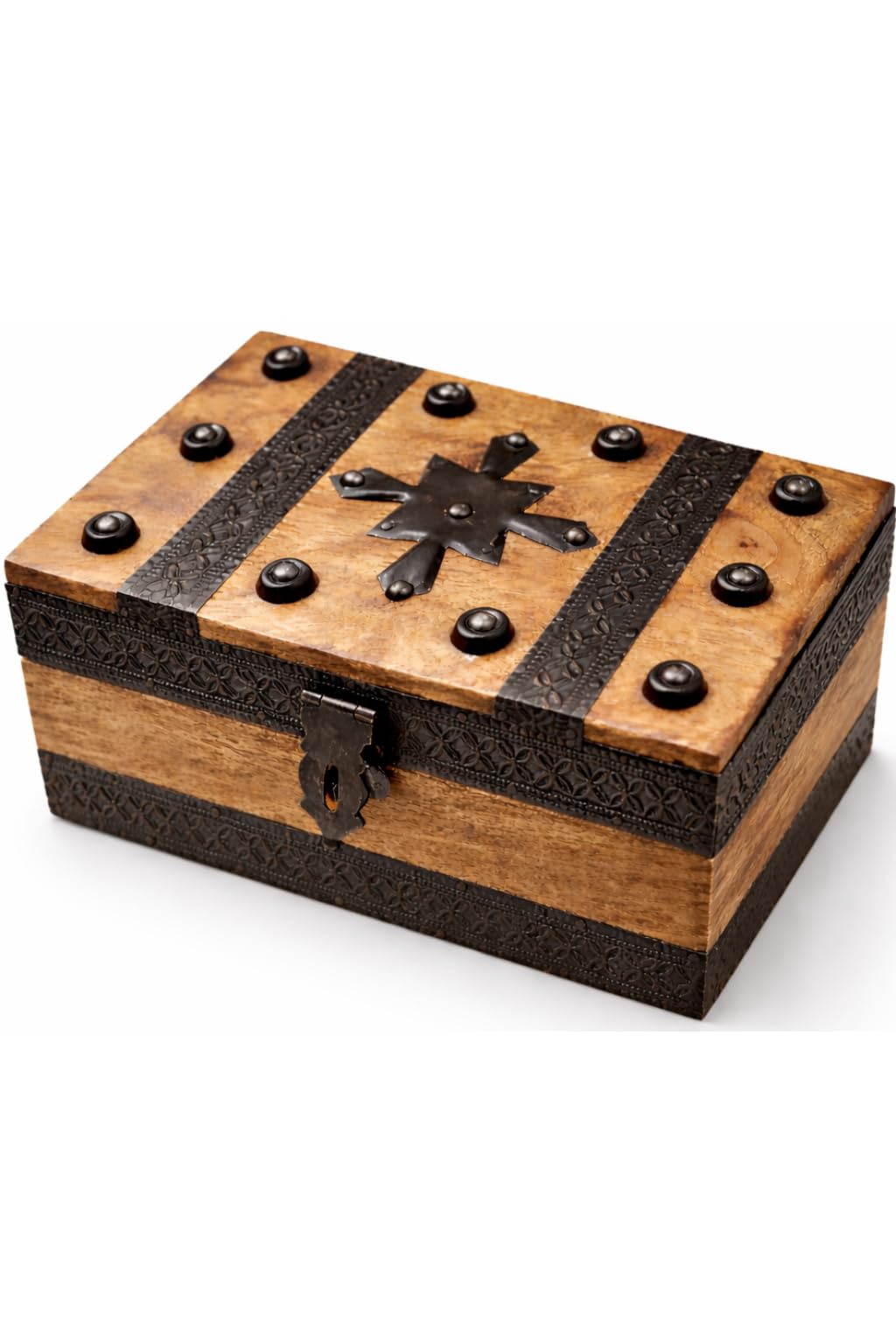 Vintage Treasure Chest Mango Wooden Keepsake Memory Box (8x4.5x3 in) | Antique Wood Jewellery Organisers For Trinkets Storage, Jewelry Organizer Gift for Women | Tarot Card, Panpuda, Sringar-image-42