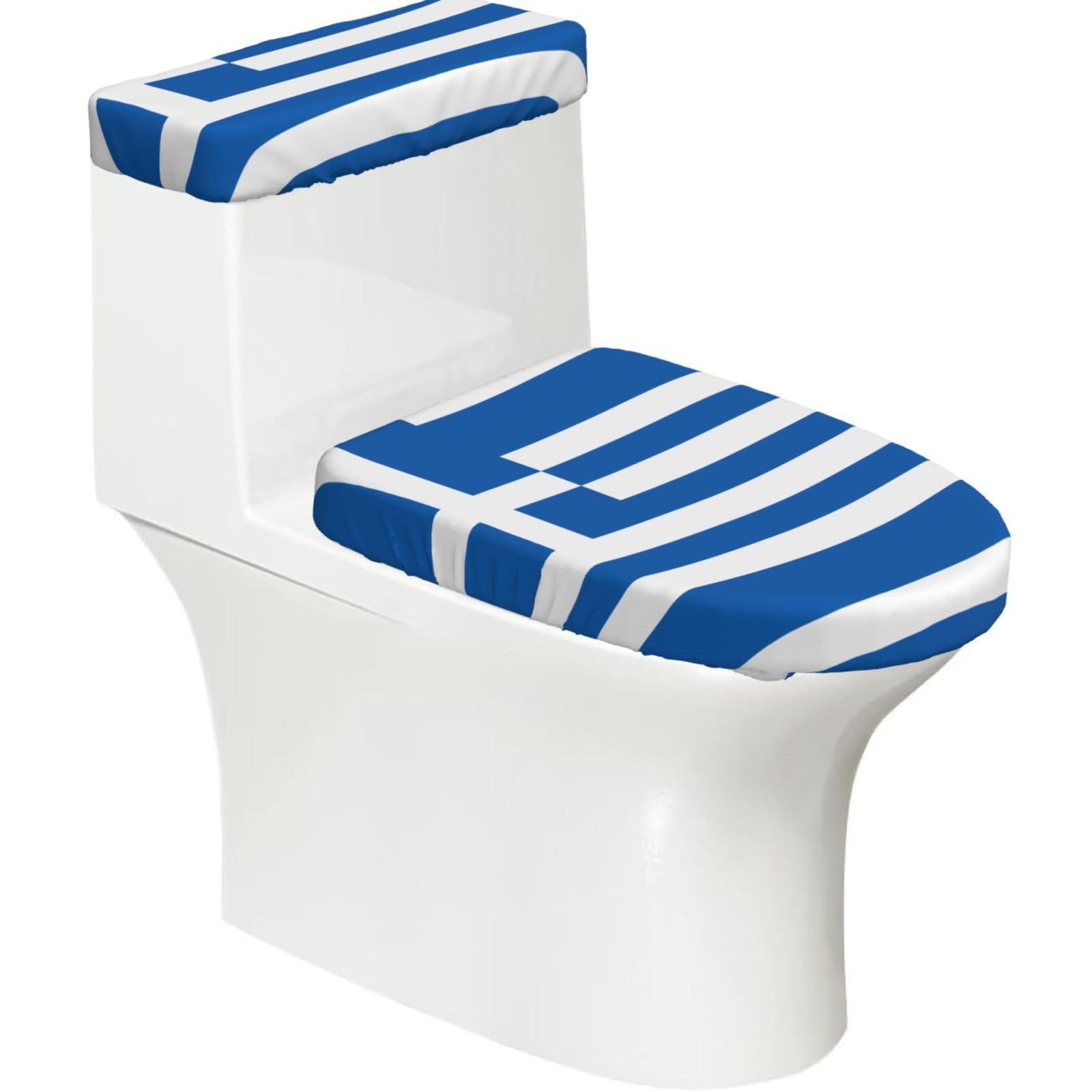 Greek Flag Elastic Toilet Cover Set of 2-Stretchy Lid and Tank Covers for Bathroom, Soft Washable U Shape Toilet Decor