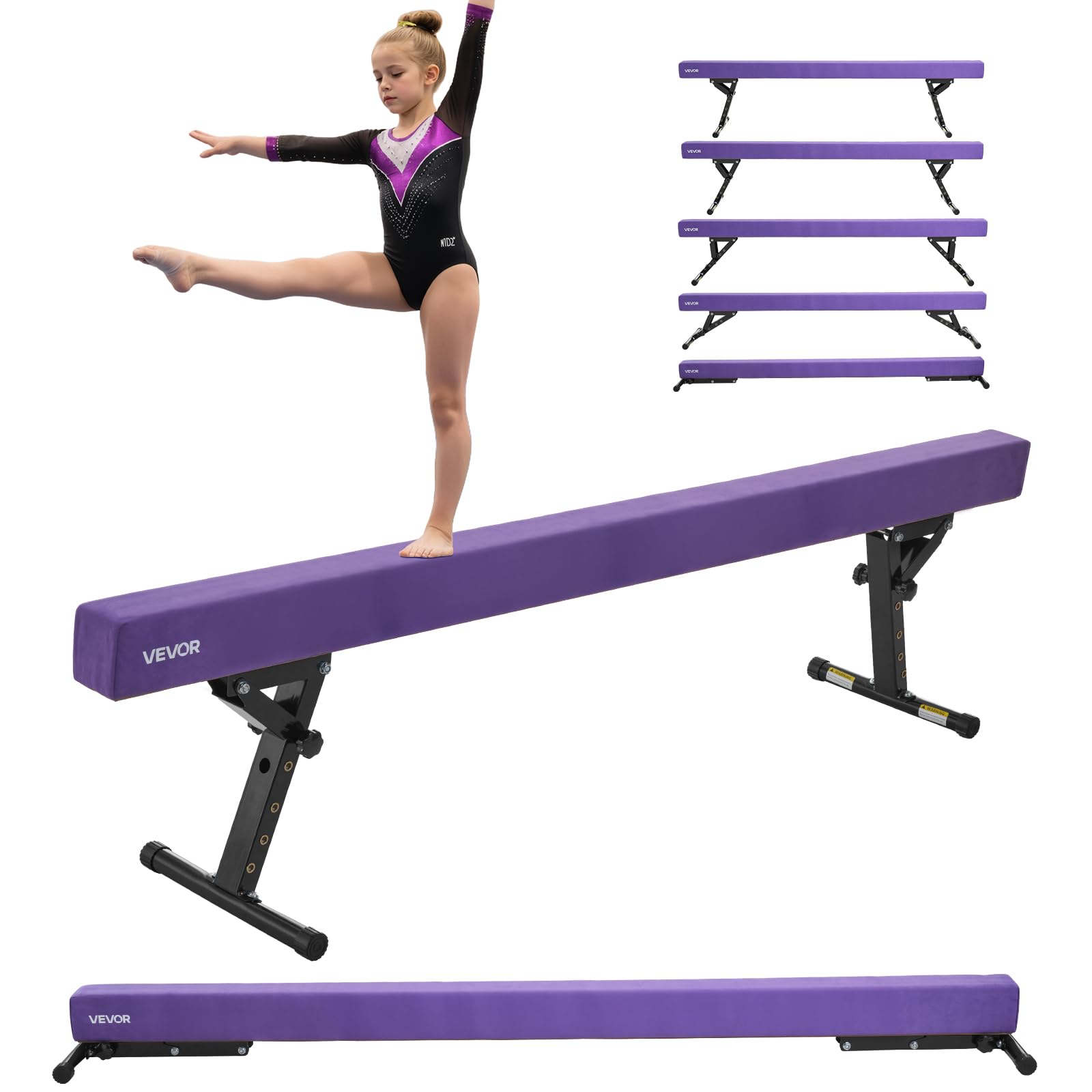 VEVOR Poutre Gymnastique réglable pour Enfants, 2410 mm, Poutre d'équilibre avec 2 Modes et 5 hauteurs réglables, équipement d'entraînement Professionnel pour Maison et Centre de Gymnastique, Violet