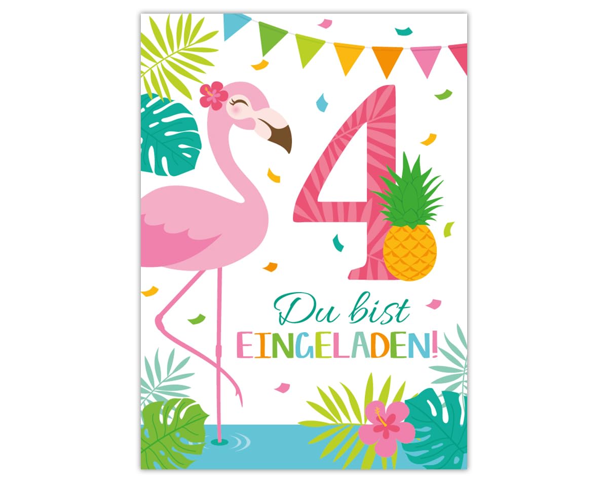 Junaversum 12 Einladungskarten zum 4. Kindergeburtstag Mädchen Flamingo Einladungen vierte Geburtstag Kinder