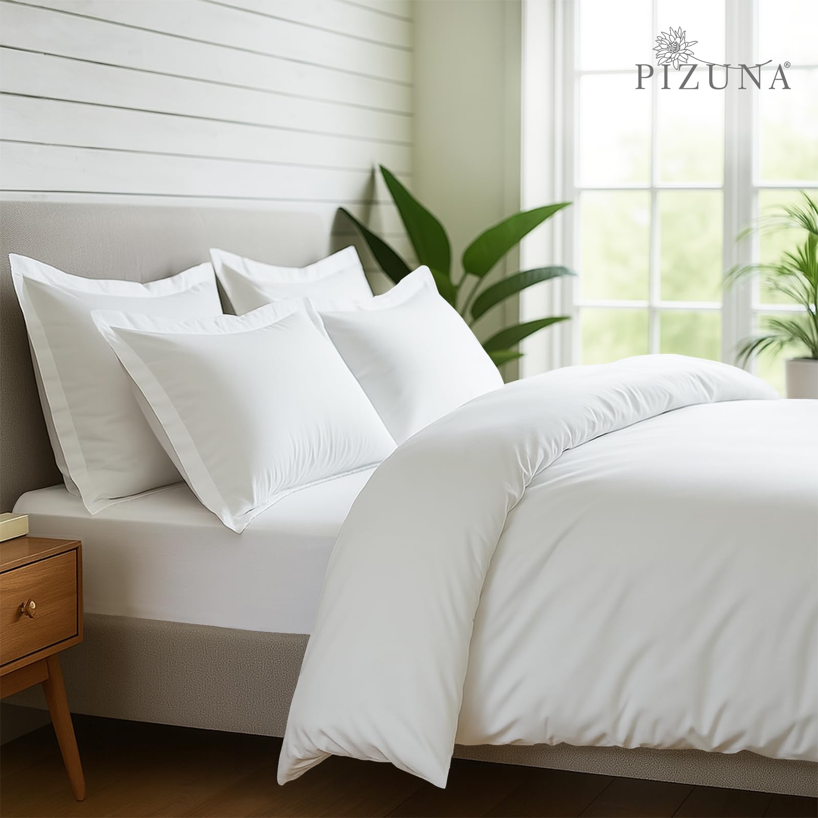 Pizuna Pure Combed Cotton Superking Bedding Set, 600 Thread Count 100% Long Staple Cotton, Soft Sateen Duvet Cover with 2 Pillow Cases & 40 cm Deep Fitted Sheet - White, Superking
