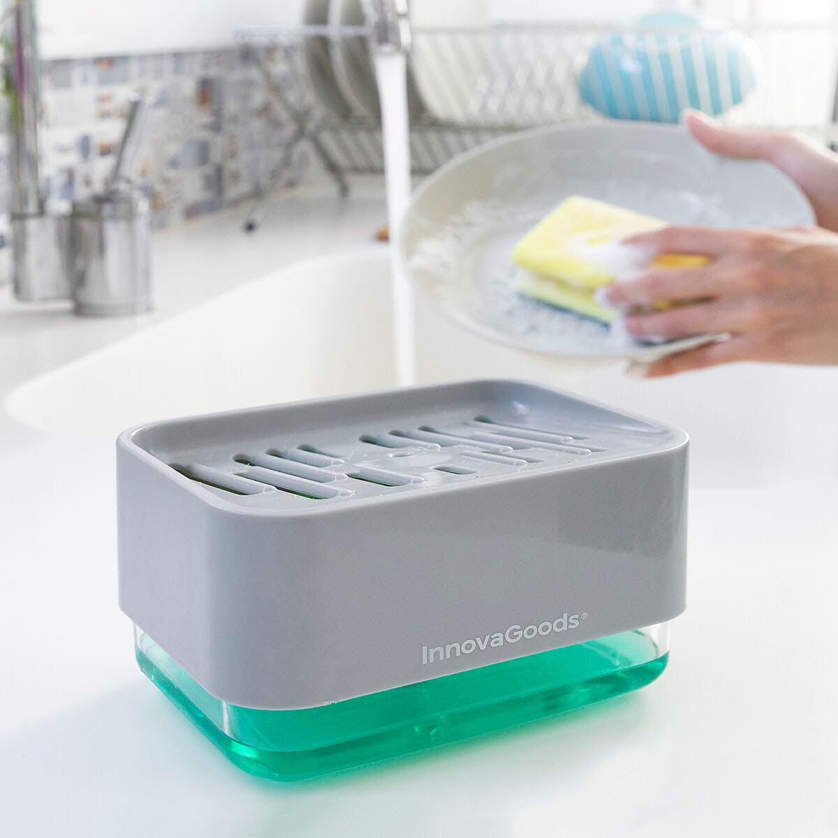 Innovagoods® Dispenser Di Sapone 2 In 1 Per Lavandino Pushoap, Risparmia Sapone Ed è Molto Facile Da Usare, Con Funzione Di Sapone Liquido E Schiuma, Design Compatto, Ideale Per Cucina E Bagno.-image