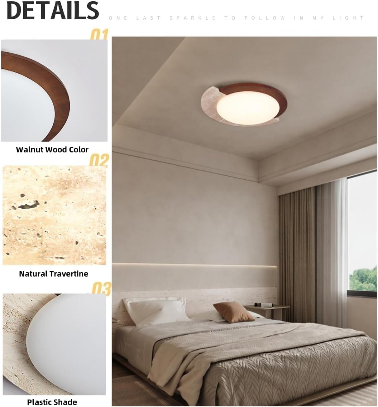Wooden Ceiling Light Fixture Natural Stone Round Shape Farmhouse Flush Mount Lighting Travertine Ceiling Lamp Acrylic Shade 9.8" Walnut Wood Color LED Ceiling Lights (Medium-30cm)