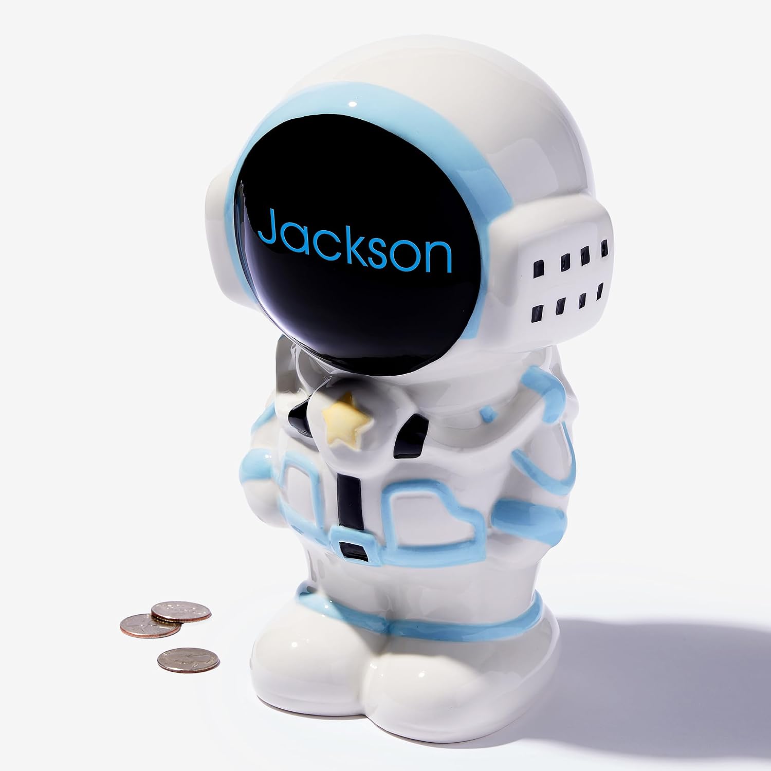 Personalization Universe Astronaut Ceramic Piggy Bank - Personalized for Baby Boy/Kids - Fun Coin Bank with Space Gear Design - Keepsake for Son, Ages 8+ - 10x6x4 with Removable Plug