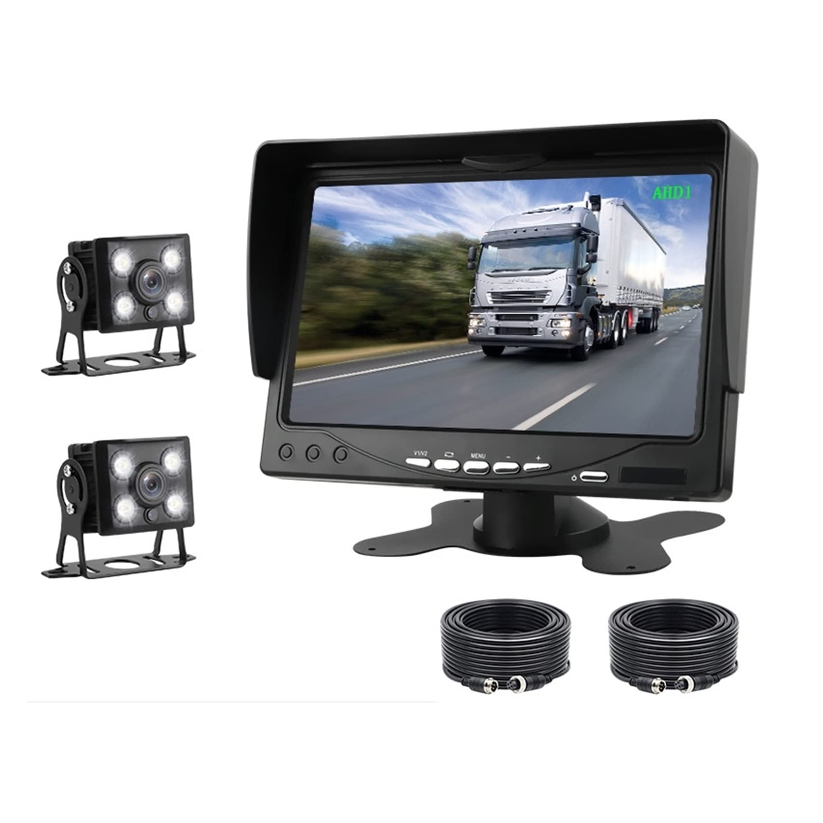 GPS pour Voiture, Surveillance de Voiture 7 Pouces Screen Truck Bus Sauvegarde Ahd Caméra imperméable Night Vision Voltage 12-24V Inverse(2 Camera 10M 15M)