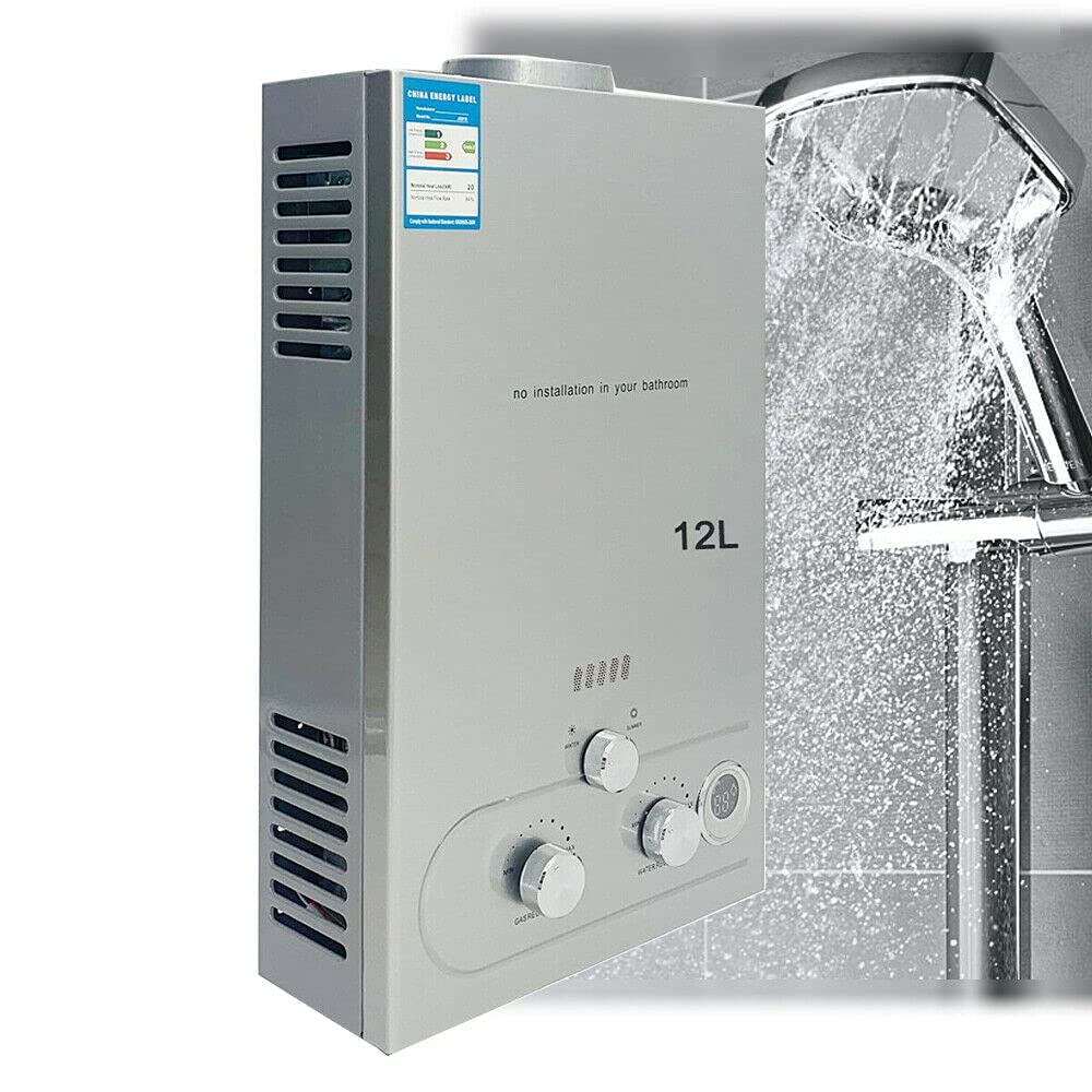 Calentador de agua de gas licuado LPG, 12 L, 24 kW, sin depósito, con cabezal de ducha galvanizado y manguera de ducha, para camping al aire libre y ducha con cremallera, color plateado