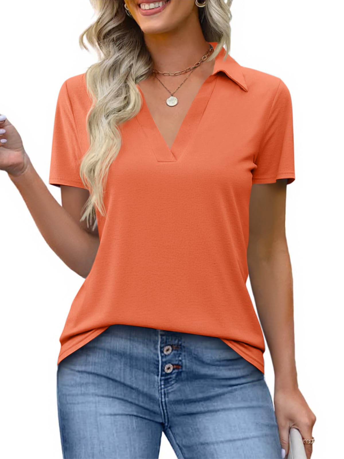 Imily Bela Womens Short Sleeve Polo Shirts V Neck Business Dressy Casual Tops Summer Collared Trendy Tees