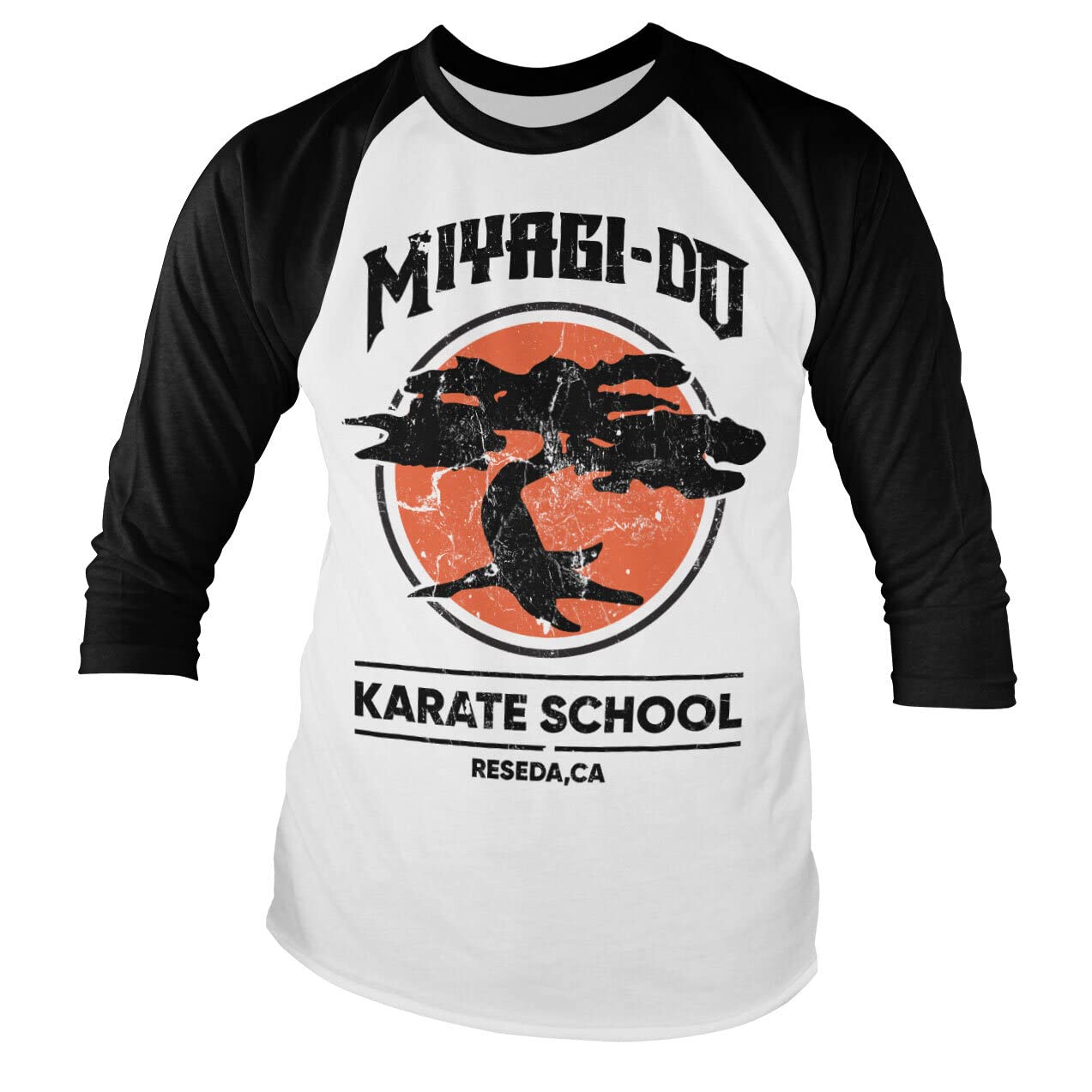 Officially Licensed Miyagi-Do Karate School Baseball Long Sleeve T-Shirt (White-Black), Medium
