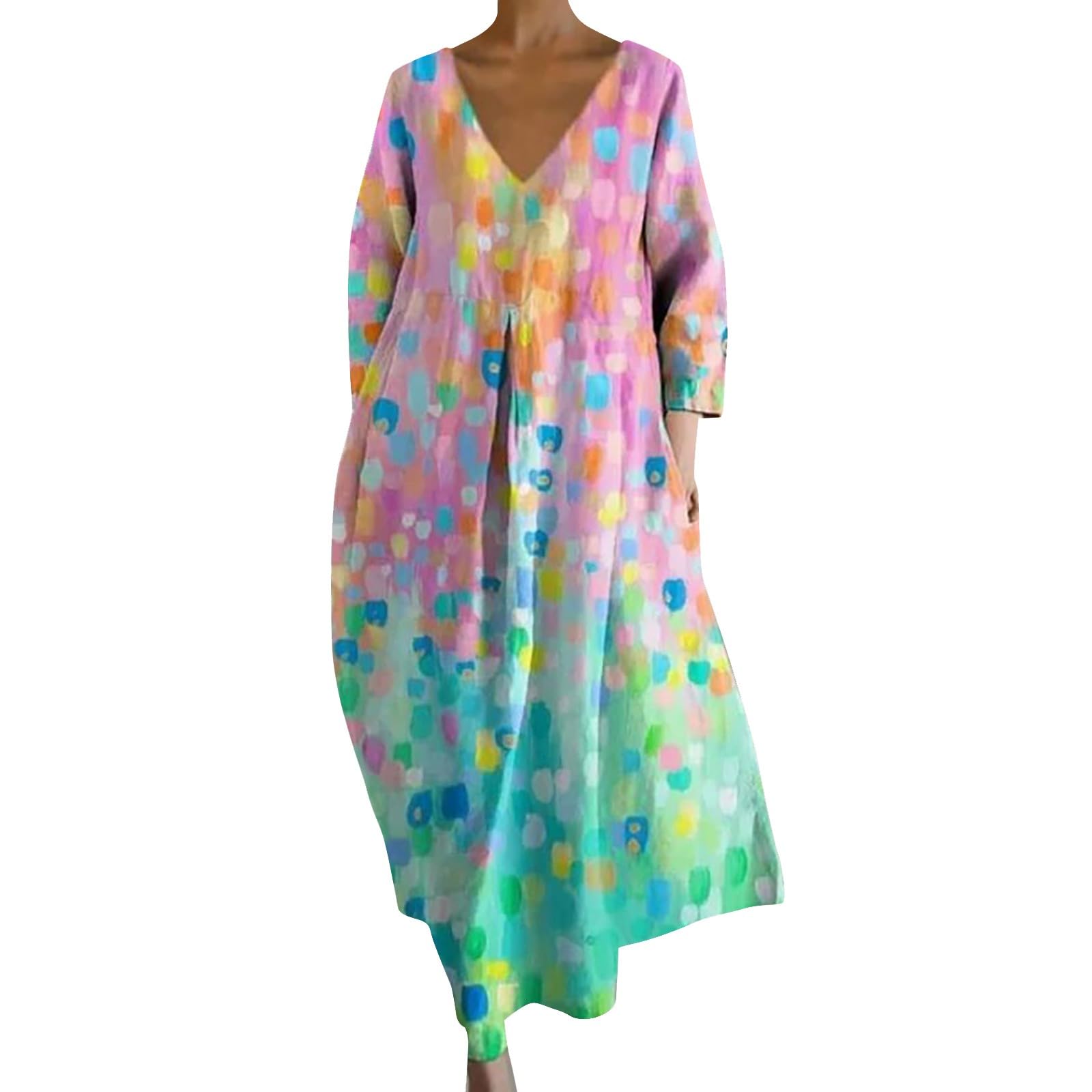 Generisch Vestido de verano para mujer, tallas grandes, vestido maxi de verano, vintage, estampado floral, vestido largo de blusa, túnica, cuello en V, manga 3/4, vestidos de playa, ligeros y cómodos