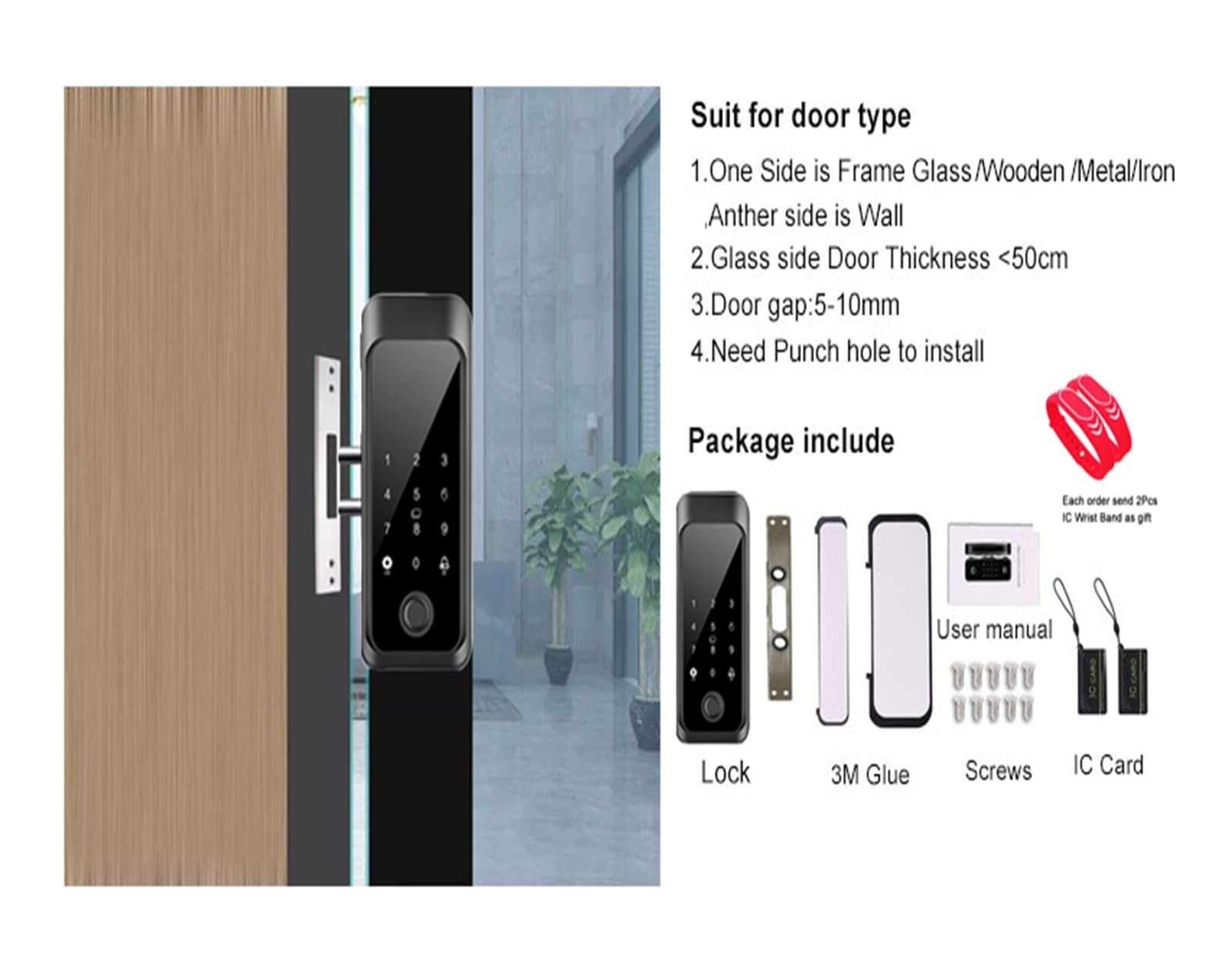 Smart Lock, Wodoodporna zewnętrzna blokada linii papilarnych odpowiednia do drzwi o grubości 10-12 mm Inteligentna aplikacja domowa Tuya Control,do sypialni, biur i hoteli(Wooden Door2)