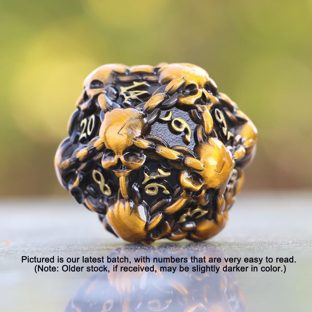 DNDWoW Heavy Metal Gold Skull D20 with Chains - Oversized Goth Skull Dice for Tabletop Role-Playing Games -BKGH9