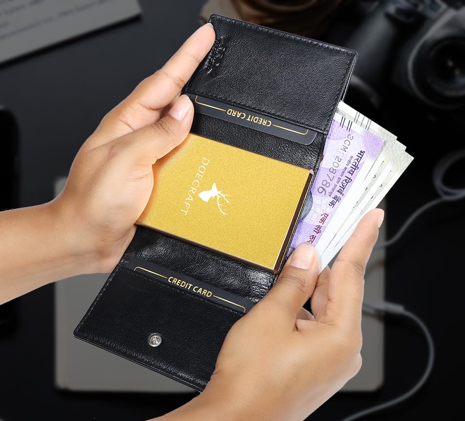 Image of Men's Genuine Leather RFID Wallet | Premium Slim Red Wallet for Men with Deer 3D Print | 8 Card Slots Secure and Durable | Casual Stylish | Formal & Gifting Use, Golden (Black)