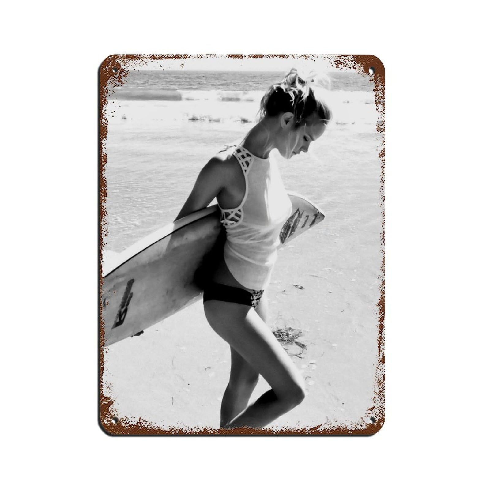 Surfer Girl, Black And White, Vintage Surf Poster Tin Sign Vintage Metal Pub Club Cafe Bar Home Wall Art Decoration Poster Retro 12x16inch(30x40cm)