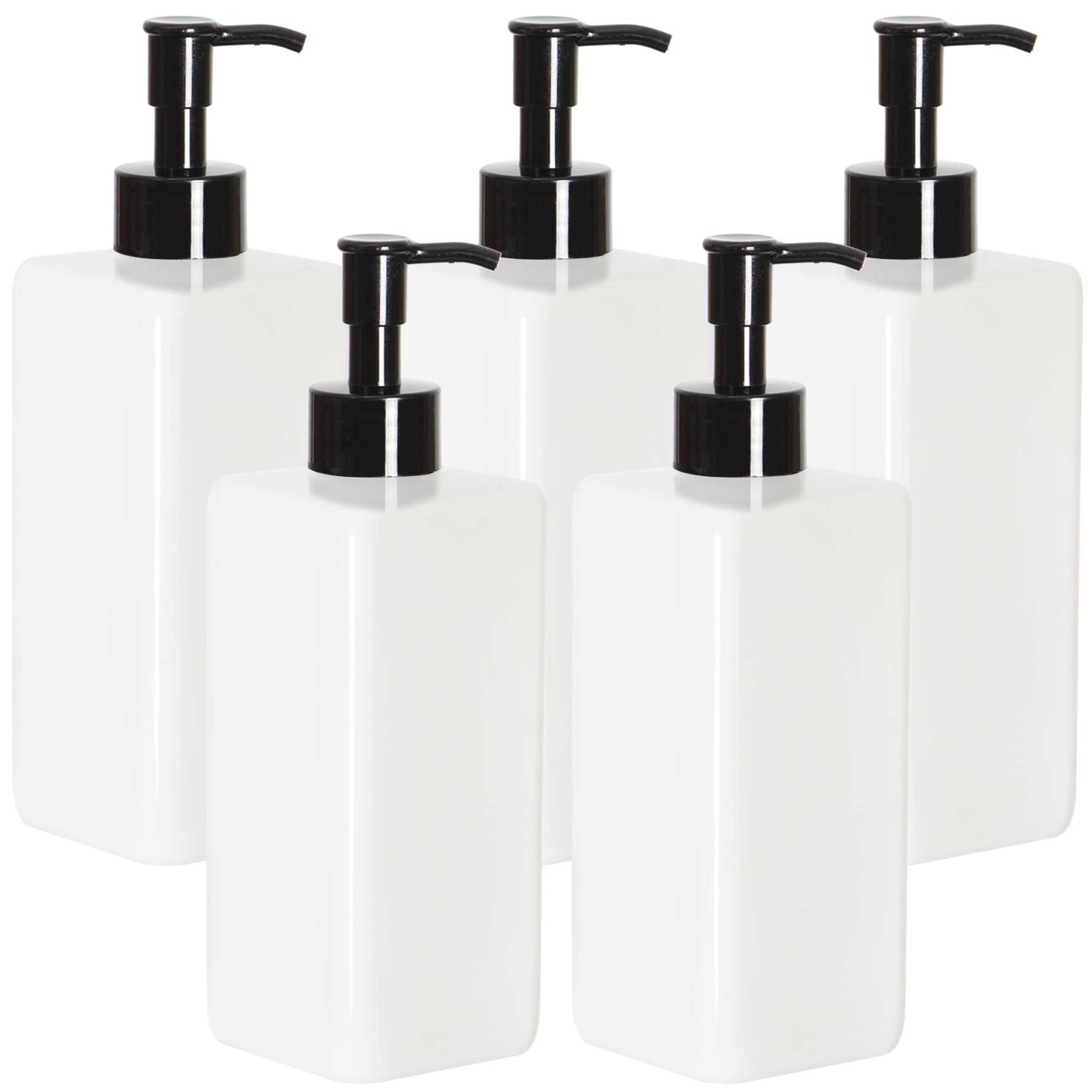 Youngever 5 Pack 16 Ounce Plastic Pump Bottles, Refillable Square Plastic Pump Bottles for Dispensing Lotions, Shampoos and More (White Bottle with Black Pump)