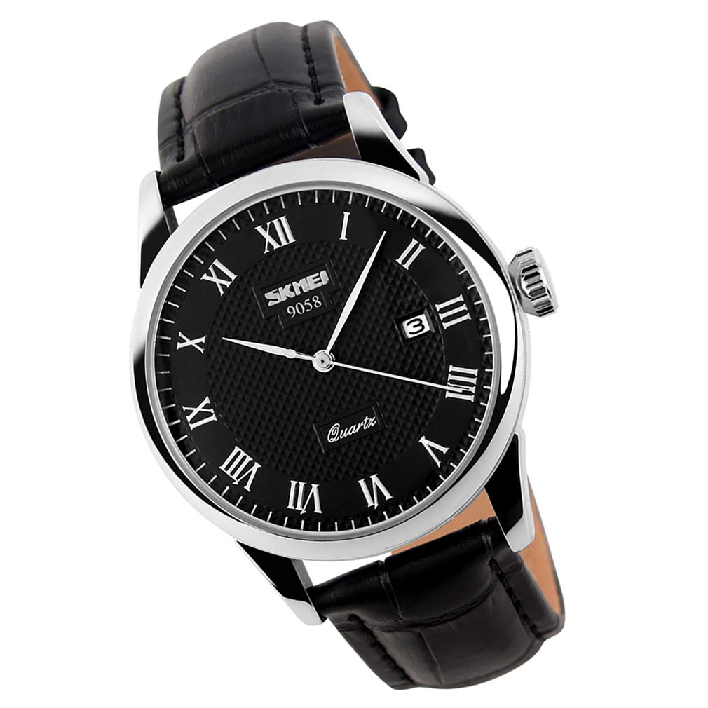 SKMEISKMEI Watch for Men Business Dress Classic Fashion Casual Black Leather Quartz Analog Waterproof Calendar Date Light Simple Wrist Watches Dad Fathers Gifts