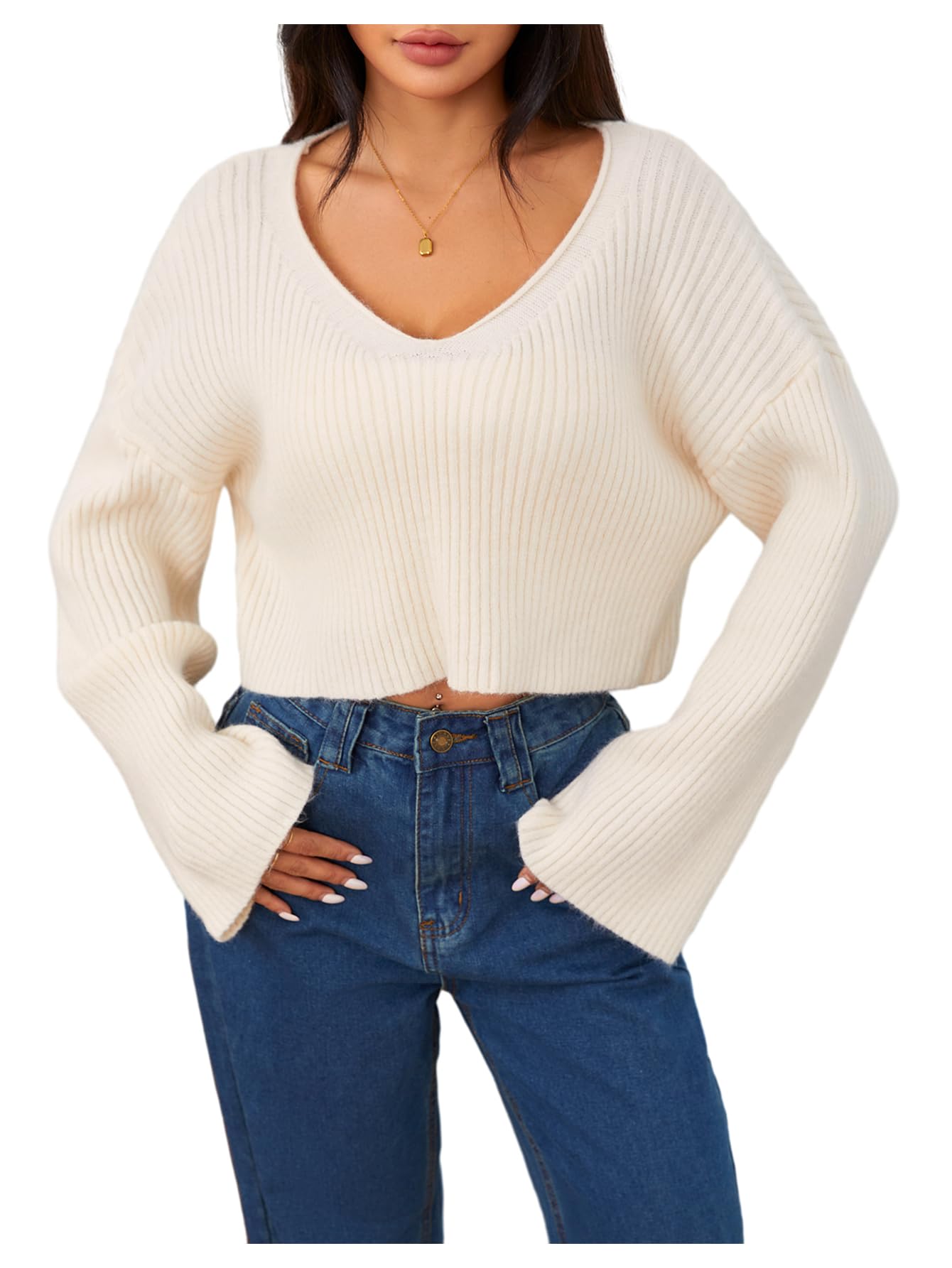 MakeMeChic Womens Cropped Sweater Winter Cream Sweater Knit V Neck Drop Shoulder Long Sleeve Crop Top