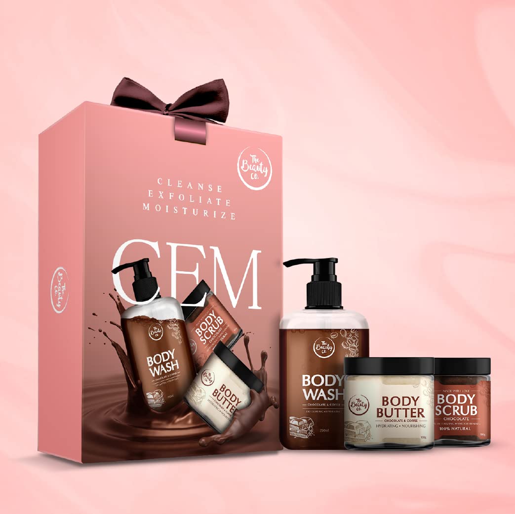 The Beauty Co.ChoCo Cleansing Exfoliating Moisturizing CEM Kit for Naturally Glowing Skin (Body Scrub, Body Wash, Body Butter, Charcoal Glow Mask 20gm)