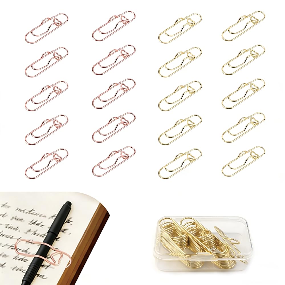 20 Pieces Heart-Shaped Metal Pen Clips with Clear PP Storage Box | 10 Gold & 10 Rose Gold | Anti-Loss Clip for Notebooks Books Journals | Office School Supplies