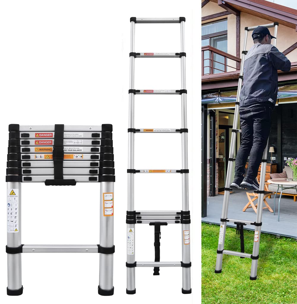 8.5 ft telescopic extension ladder, aluminium folding telescopic ladder with locking mechanism, EN131 standard 330 pounds capacity for home, attic, ceiling, Rv (2.6 m)