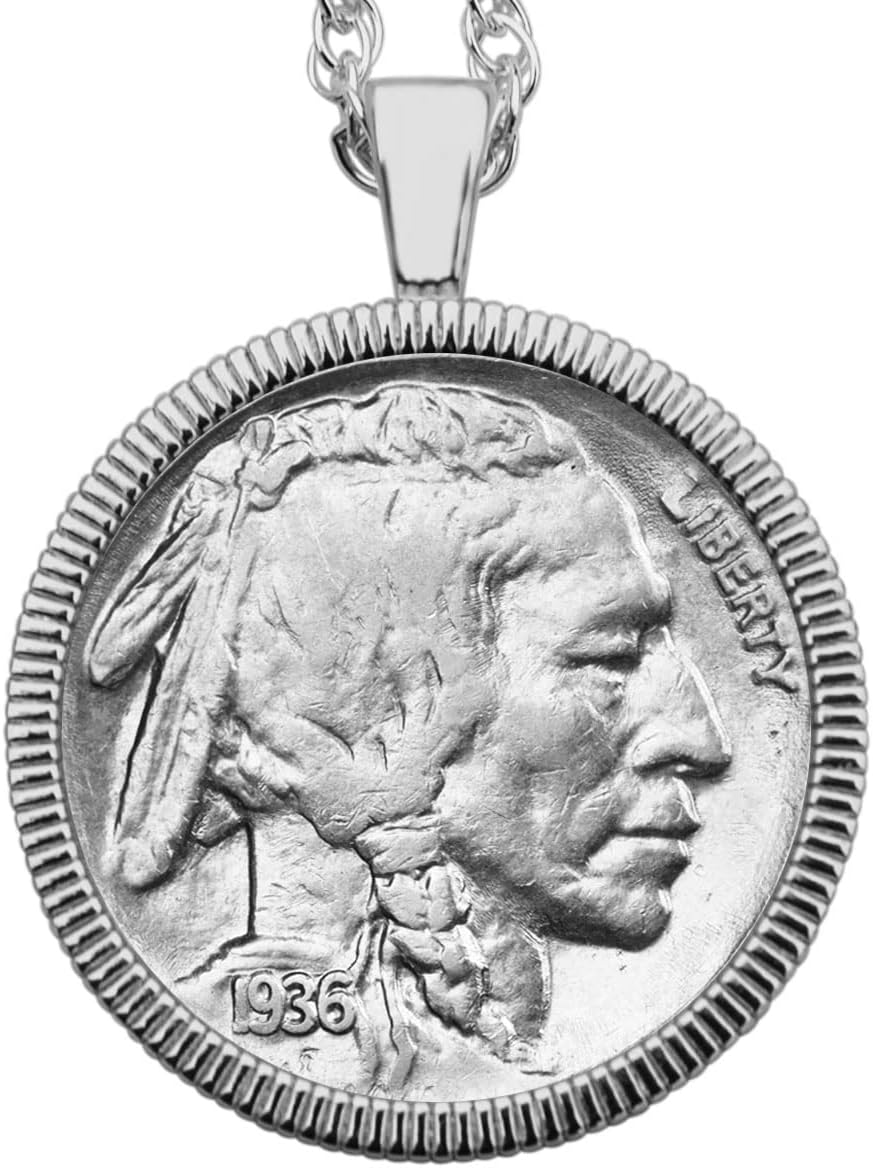 US 1936 Indian Head Buffalo Nickel 5 Cents Coin Solid 925 Sterling Silver Necklace NEW - Showing Indian Head in Front