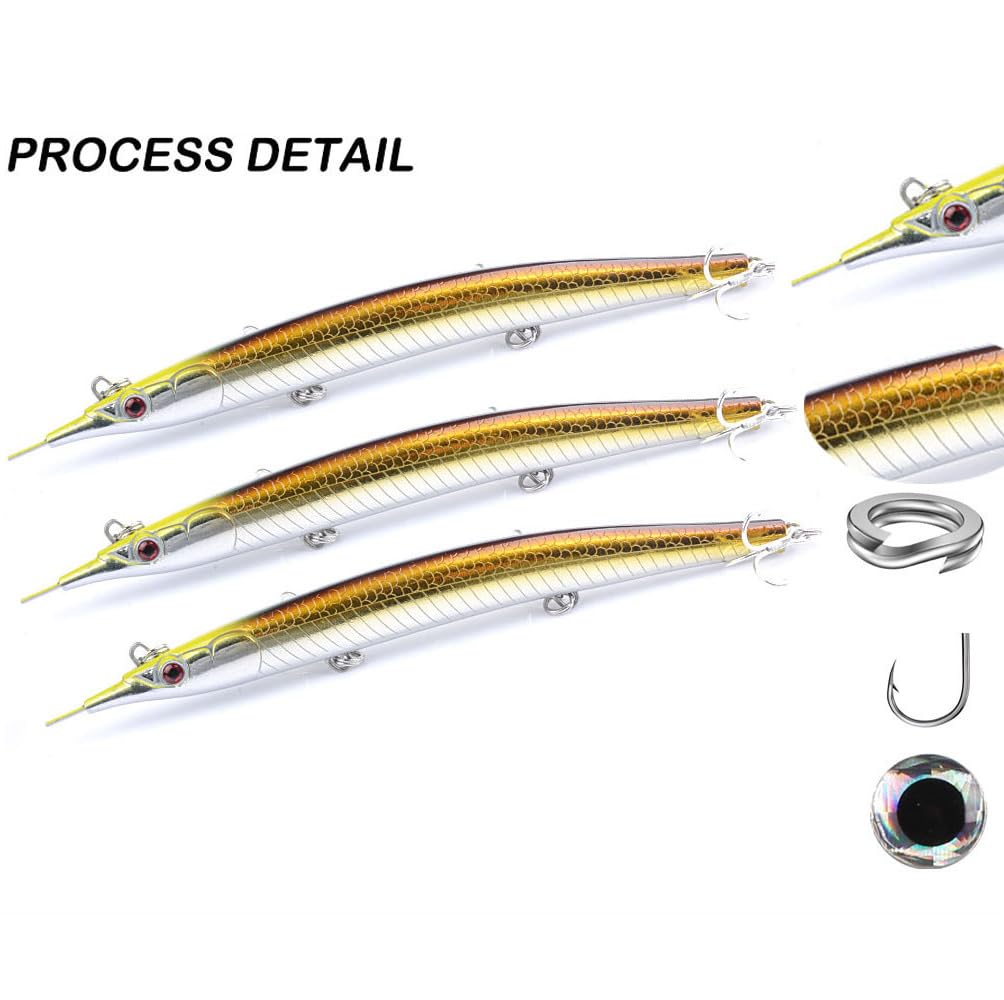 Atlantic Needlefish Jerkbait coulant avec hameçons triples pour la pêche en mer (18 cm, 64 g, 6 options de couleur)
