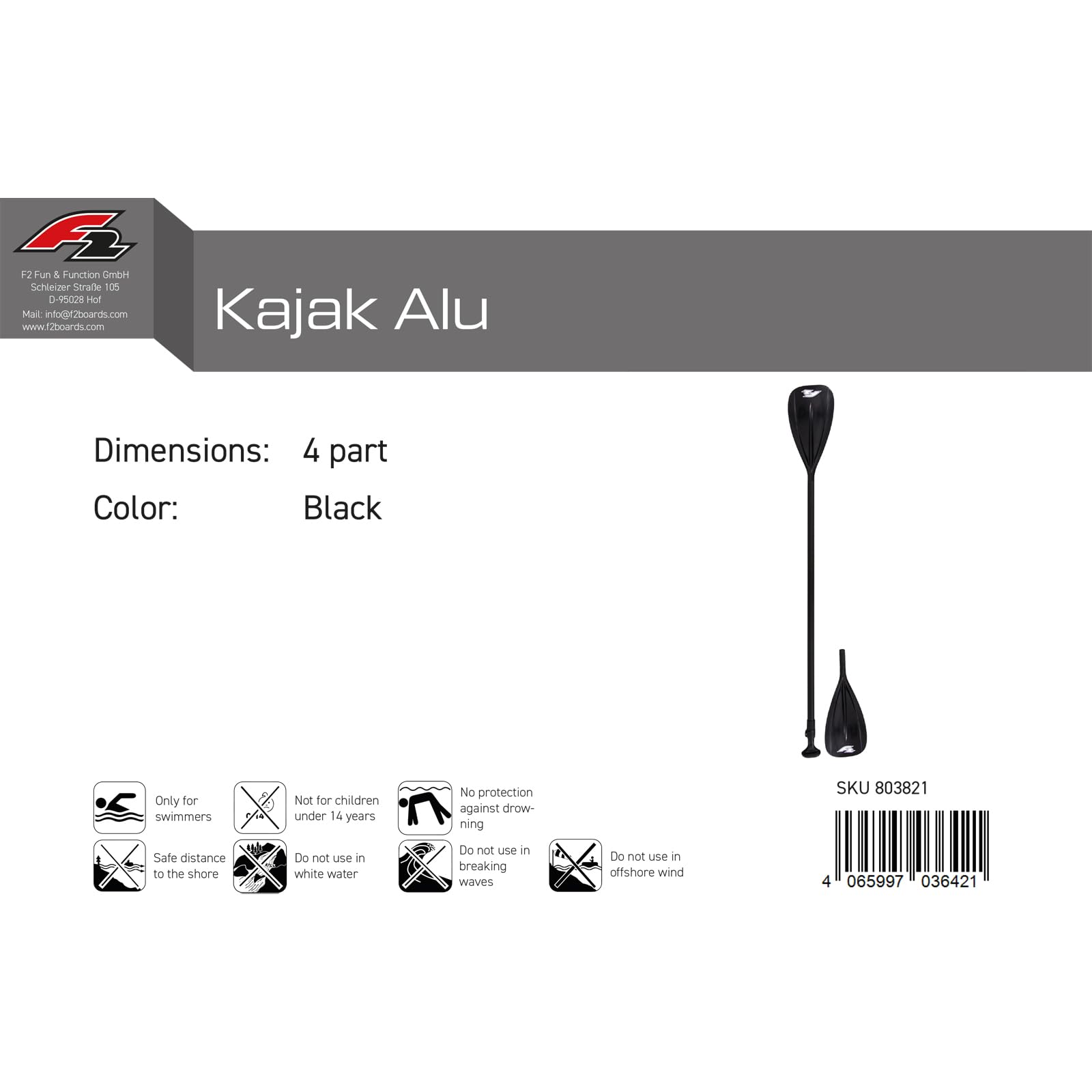 F2 SUP Paddel Kajak Alu/Carbon 4 teilig Schwarz Stand up Paddling Kayak Paddle