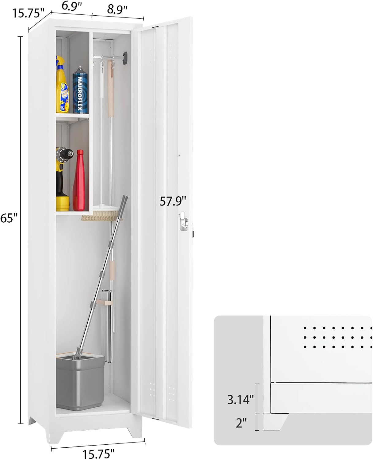Broom Closet Utility Storage Cabinet with Locking Door and 2 Shelves, 65" H Slim Tool Cabinet for Broom and Mops, with Hanging Rod and Hooks for Home Office,White