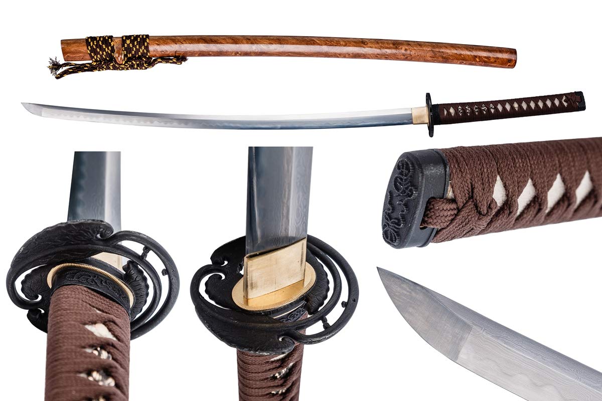 Handforged Samurai Katana Sword - Damascus/1060/1095 High Carbon Steel, Full Tang, Iron Tsuba, Solid Wood Saya - Real Functional Sharp Blade for Outdoor Training & Collection