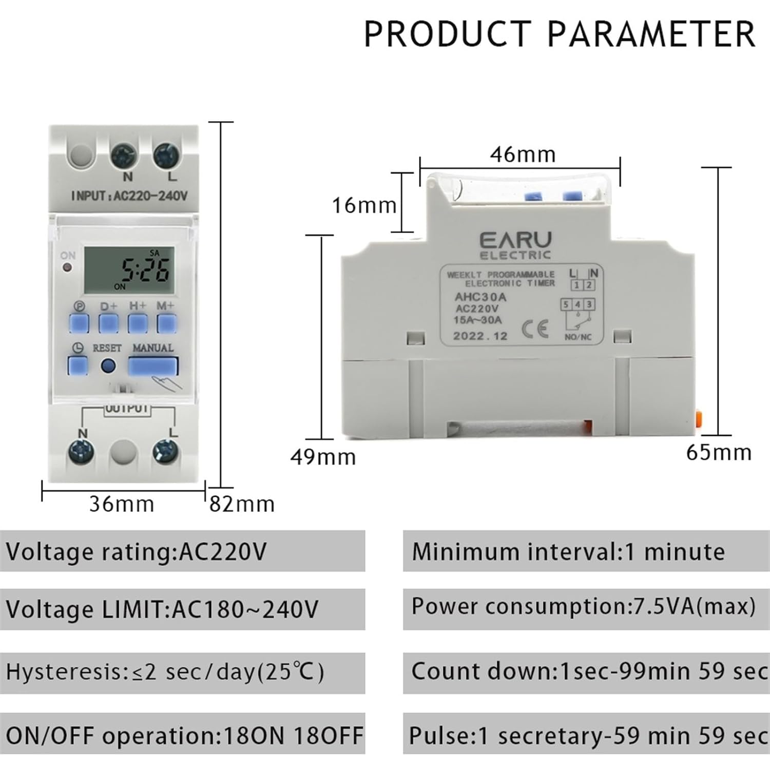 Electronic Weekly 7 Days Programmable Digital TIME Relay Timer Switch Control AC 220V 230V 12V 24V 48V 16A Din Rail Mount THC15A(30A,1NO1NC 12V AC DC)