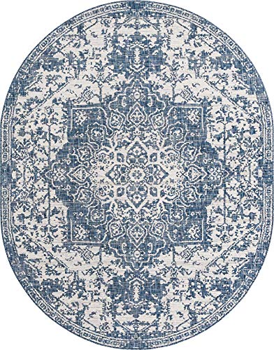Unique Loom Outdoor Collection Area Rug - Dubai (7' 10' x 10' Oval, Blue/ Ivory)
