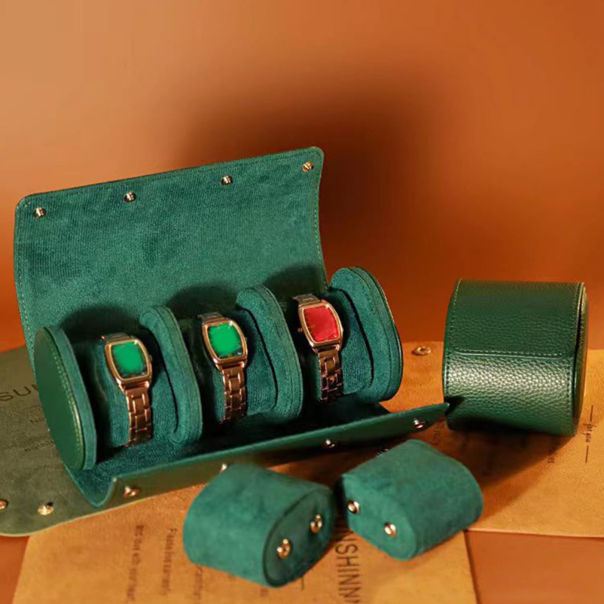 Porta da Orologi Pelle e Verde in Pu Viaggio Custodia Roll Piccoli, Design Antiurto e Pratico Classico per per Uomini