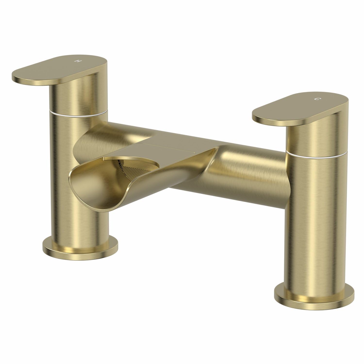 Architeckt® Edsberg Bathroom Waterfall Bath Filler Mixer Tap Deck Mounted Round Twin Lever Handle for Bathtub Modern, Brushed Brass